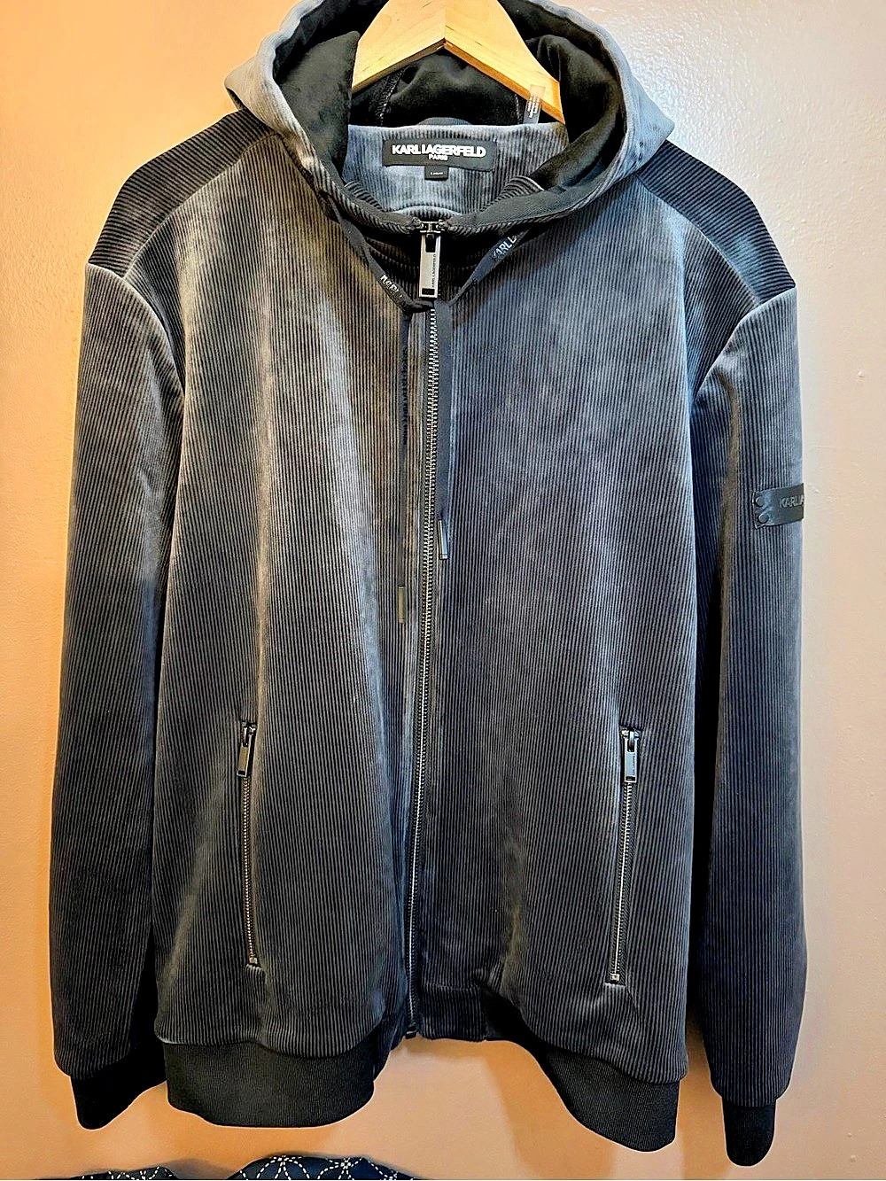 KARL LAGERFELD PARIS Gray Corduroy Full Zip Hooded Hoodie Pockets Logo Men's L